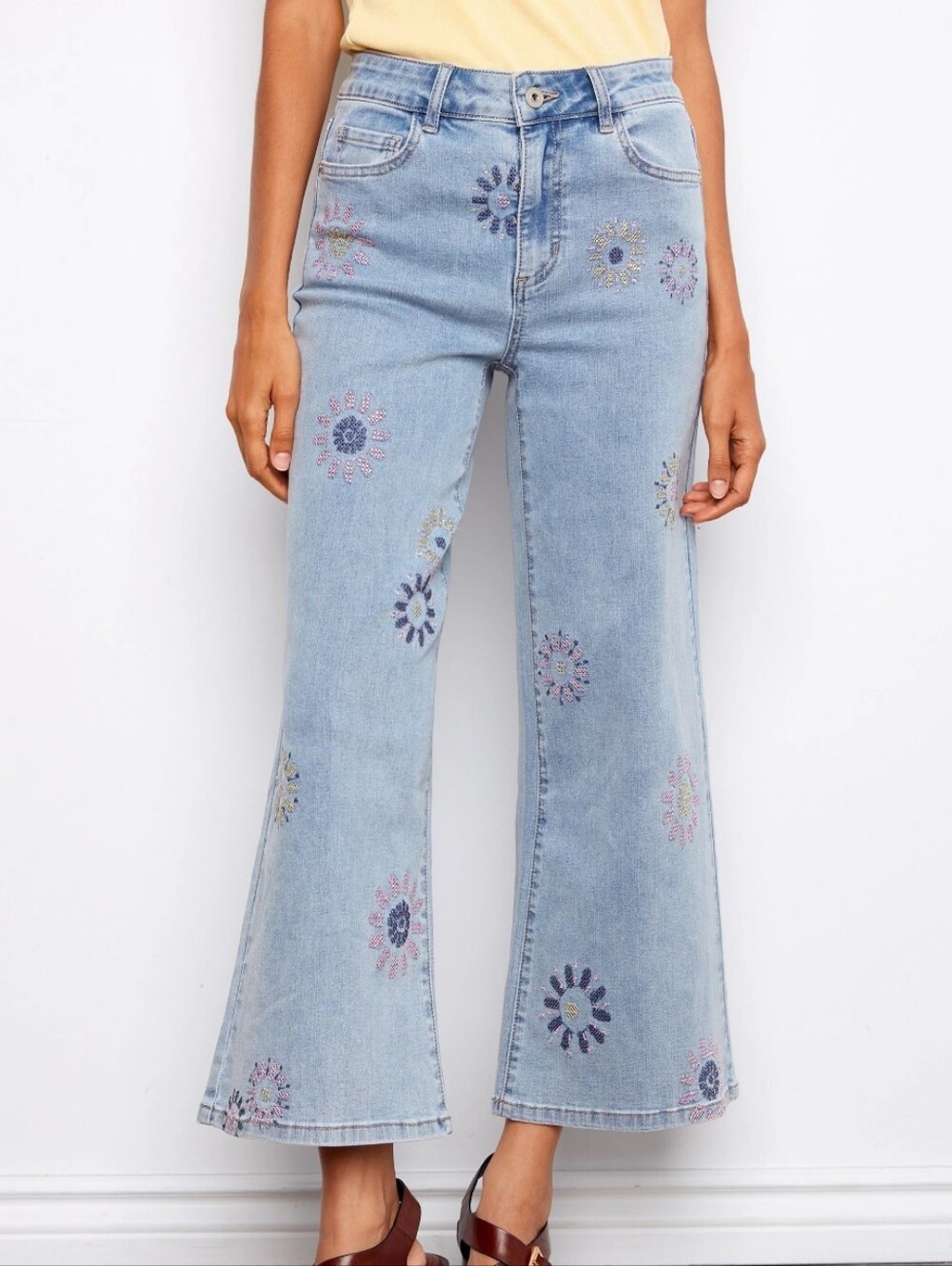 Women’s Light Blue Embroidered Floral Wide-Leg Jeans